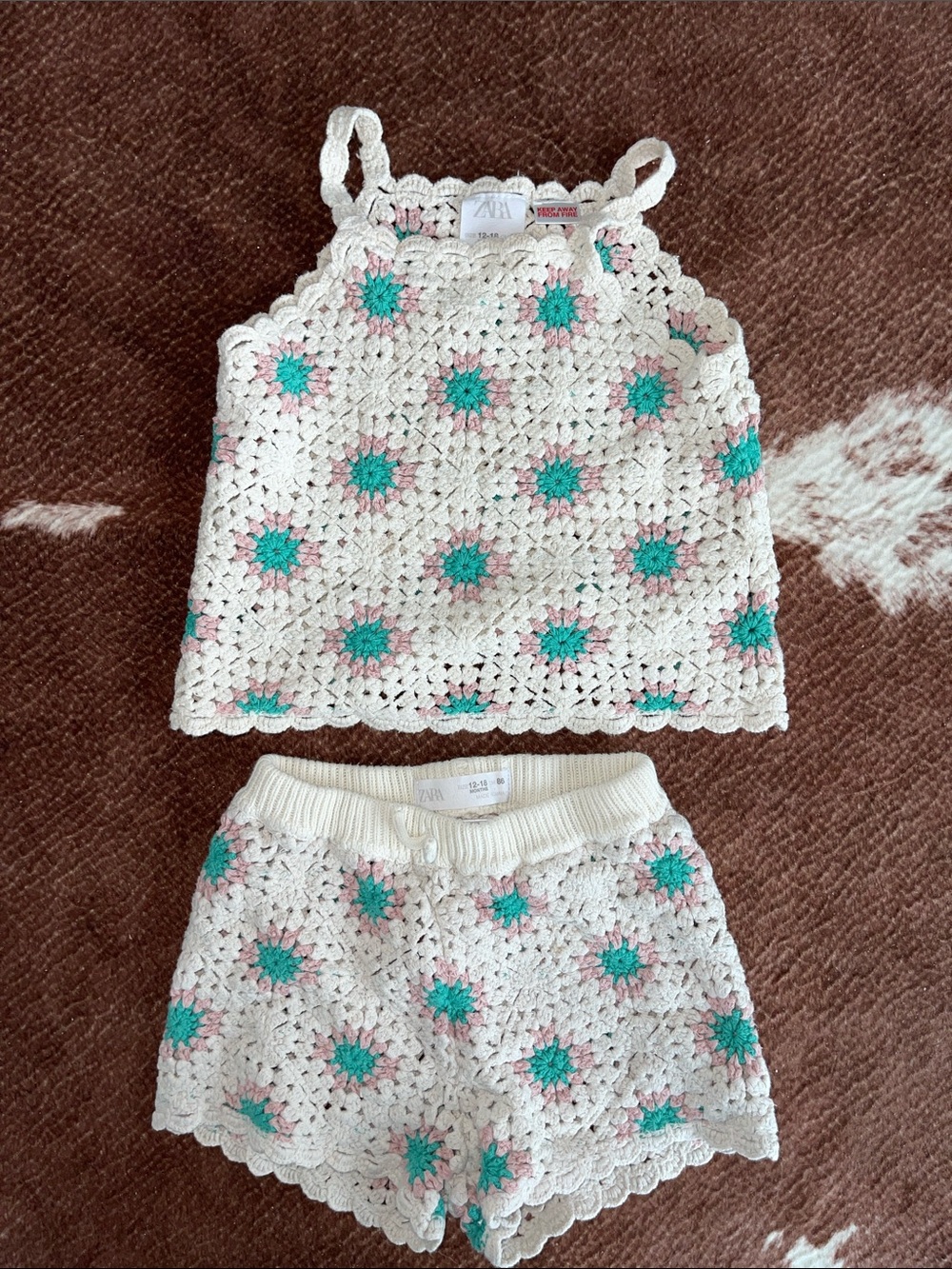 🤍🌸Kids Zara White Crochet Floral Tank & Shorts Set - White with Teal Accents🌸🤍